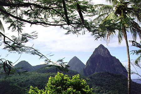 The Pitons seen from an overlook on the road north of Soufrière. St Lucia.