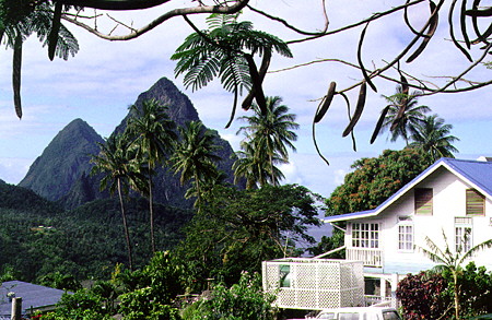 The Pitons beyond the La Haut Plantation hotel. St Lucia.