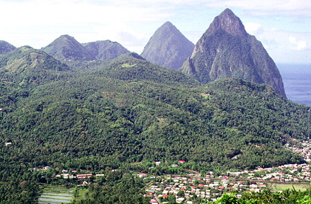 The Pitons with the town of Soufrière below. St Lucia.