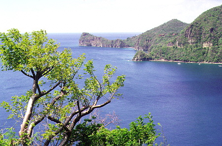 Rachette Point forming the bay around Soufrière from the viewpoint south of town. St Lucia.