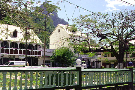 The town square in Soufrière with the Petit Piton in the background. St Lucia.
