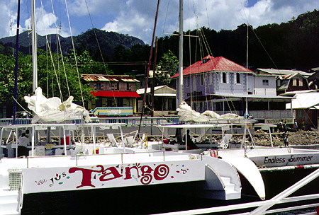 Cruise catamarans in Soufrière. St Lucia.
