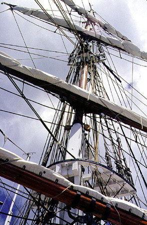 The mast of the Brig Unicorn in Soufrière which hold 6,000 sq ft of sail. St Lucia.
