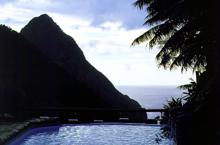 Gros Piton viewed from the swimming pool of the Ladera Resort near Soufrière. St Lucia.