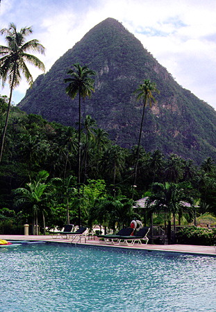 Gros Piton viewed from the swimming pool of the Jalousie Hilton Resort near Soufrière. St Lucia.