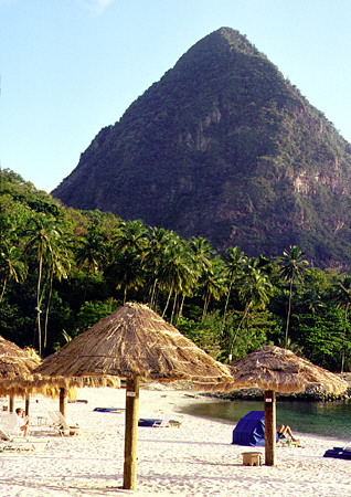 Gros Piton and the beach at the Jalousie Hilton Resort near Soufrière. St Lucia.