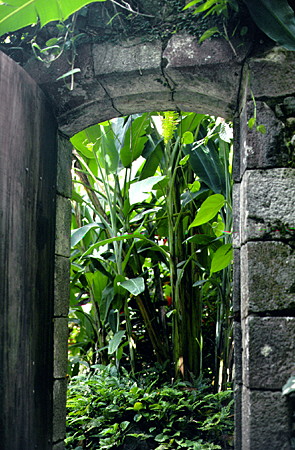 Stone doorway of the mineral baths at the Diamond Gardens built in 1784 for the troops of King Louis XVI of France. St Lucia.