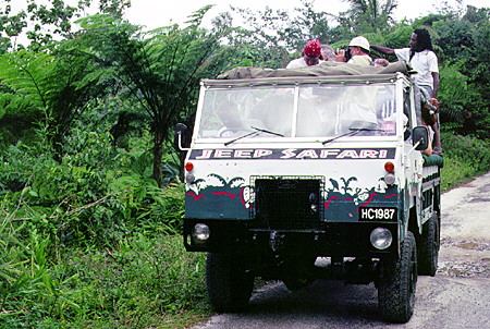 Tourists on a jeep safari in the rain forest east of Soufrière. St Lucia.