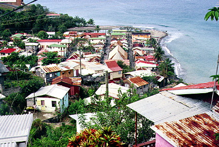 The tin roofs of Canaries on the Caribbean coast. St Lucia.