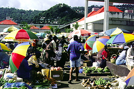 Vendors shelter under colored umbrellas at Castries Market. St Lucia.