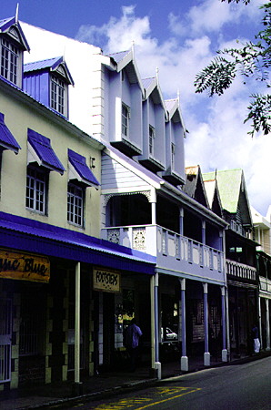 Verandahs on colonial-style buildings on the main Derek Walcott Square of Castries. St Lucia.