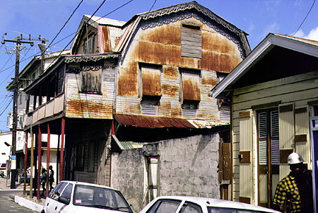 Tin building show restoration potential in the old town of Castries. St Lucia.
