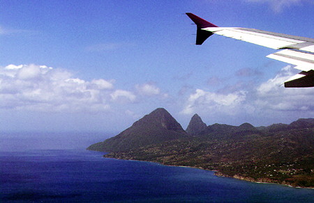 Pitons seen from plane landing at Hewanorra Airport. St Lucia.