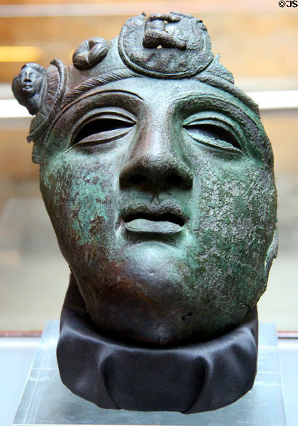 Brass helmet visor (c30-40 CE) of soldier in Roman cavalry found in tomb in Hellange Luxembourg at National Museum of History & Art. Luxembourg, Luxembourg.