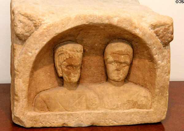 Part of funerary monument with busts of husband & wife (2nd half 3rdC) found in Remerschen at National Museum of History & Art. Luxembourg, Luxembourg.