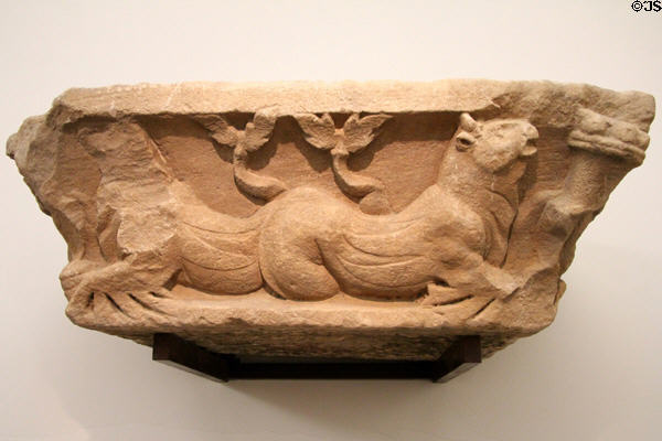 Entablature from funerary monument (3rdC) showing one of three sides carved with sea monsters at National Museum of History & Art. Luxembourg, Luxembourg.