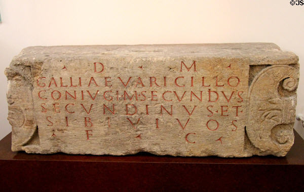 Roman inscription on funerary monument of Gallia Varicillus (1st half of 3rdC) at National Museum of History & Art. Luxembourg, Luxembourg.