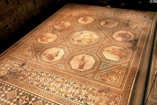 Polychrome mosaic tile floor with theme of nine Muses known to Roman world from a Gallo-Roman villa in Vichten (now Luxembourg) at National Museum of History & Art. Luxembourg, Luxembourg.
