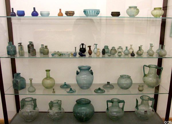 Roman glasswork (1st-3rdC) from various locations & including cremation urns, tableware & toiletry vials at National Museum of History & Art. Luxembourg, Luxembourg.