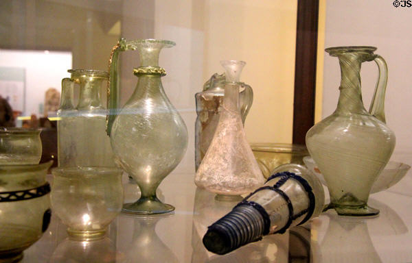 Finely made glass vessels (2nd half of 4th & 5thC) found in tombs at Steinfort Luxembourg at National Museum of History & Art. Luxembourg, Luxembourg.