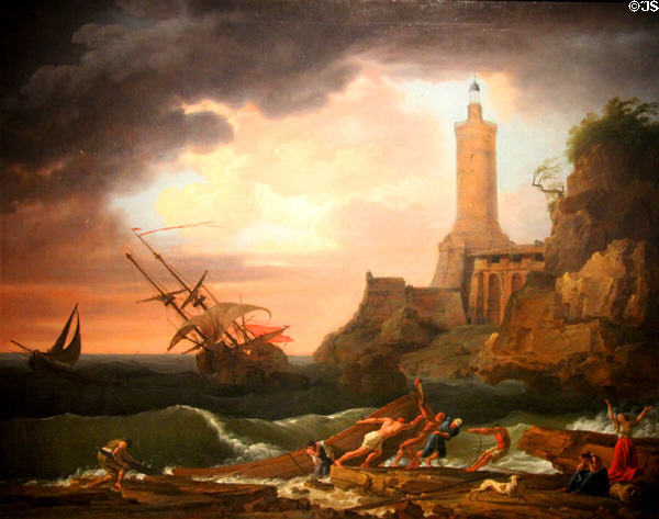 Rocky Coast with Lighthouse & Shipwreck painting (1745) by Claude-Joseph Vernet at National Museum of History & Art. Luxembourg, Luxembourg.