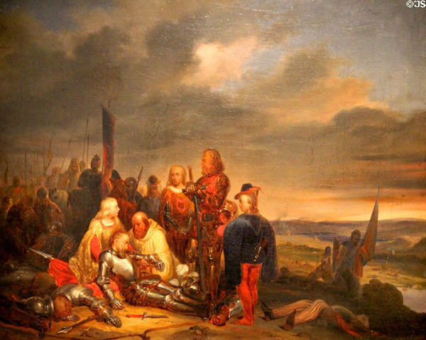 Death of John the Blind (Bohemian King killed at Battle of Crécy in 1346) painting by Nicolas Liez at National Museum of History & Art. Luxembourg, Luxembourg.