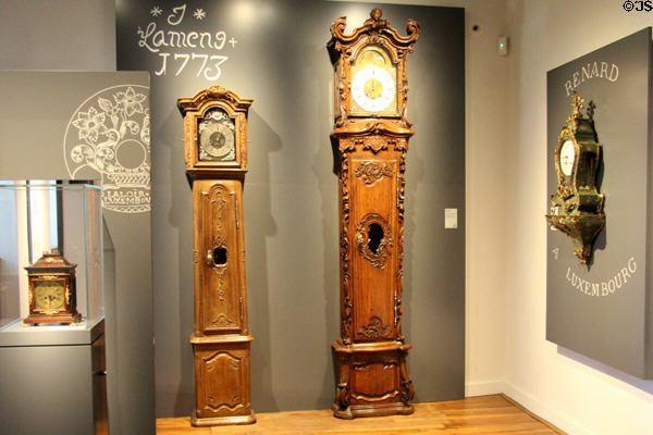 Clock collection including tall case units (1773) at National Museum of History & Art. Luxembourg, Luxembourg.