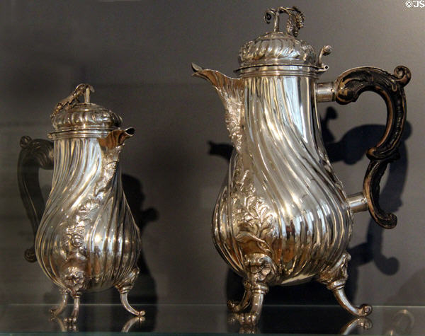 Rococo silver coffee pot & milk jug (c1775) with stamp of Jean Christophe Walch of Luxembourg at National Museum of History & Art. Luxembourg, Luxembourg.