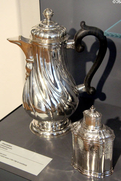 Rococo silver chocolate pot (c1760) & Regency style tea caddy (c1730) with stamps of Jean Michel Kutzer of Luxembourg at National Museum of History & Art. Luxembourg, Luxembourg.