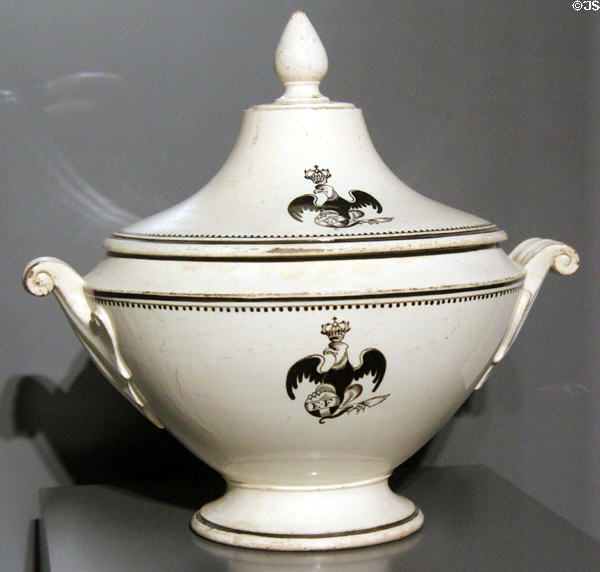 Glazed fine earthenware soup tureen (c1805-12) decorated with imperial eagle made by Boch at Septfontaines-lez-Luxembourg at National Museum of History & Art. Luxembourg, Luxembourg.