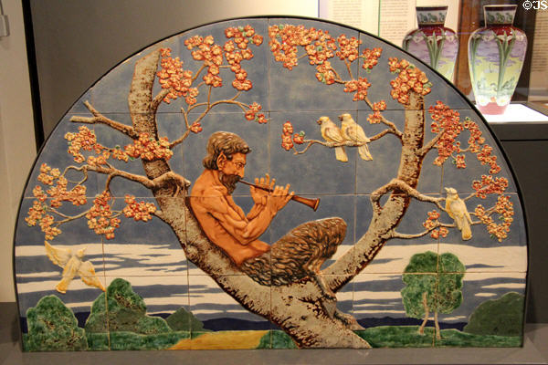 Wall tiles depicting a faun playing his flute (c1910) taken from former café in Luxembourg & made by Villeroy & Boch at National Museum of History & Art. Luxembourg, Luxembourg.