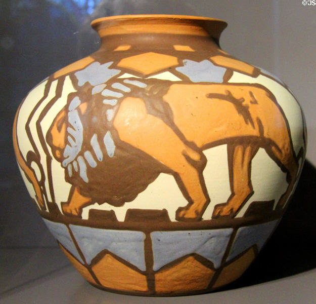 Earthenware bulbous vase with three lions (1930) made by Villeroy & Boch at Septfontaines-lez-Luxembourg at National Museum of History & Art. Luxembourg, Luxembourg.