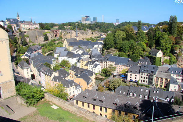 View of Luxembourg looking north from rocky spur of Le Bock. Luxembourg, Luxembourg.