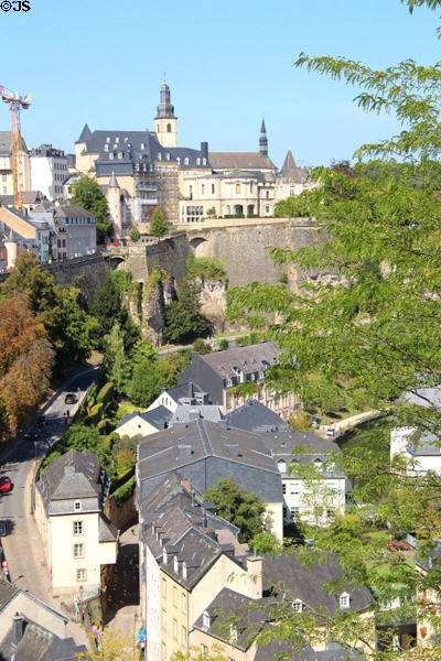 View of ancient fortifications & old city from Le Bock. Luxembourg, Luxembourg.