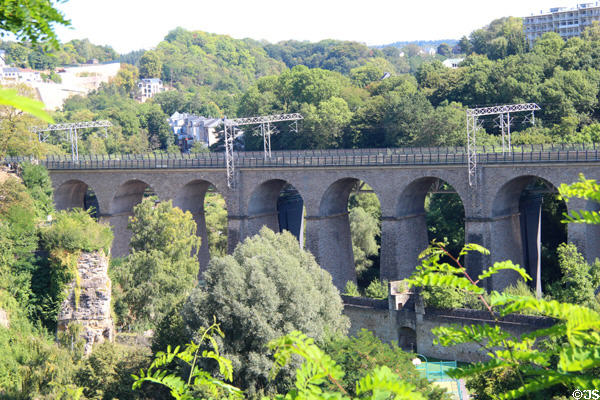 Rail viaduct Passerelle seen from Le Bock. Luxembourg, Luxembourg.