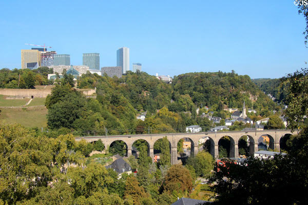 Looking east over Viaduct Passerelle from Le Bock. Luxembourg, Luxembourg.