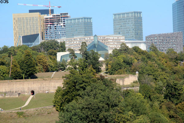 Looking east towards high rise buildings from Le Bock with Museum of Modern Art in foreground. Luxembourg, Luxembourg.