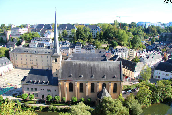 St Jean du Grund church seen from Le Bock. Luxembourg, Luxembourg.