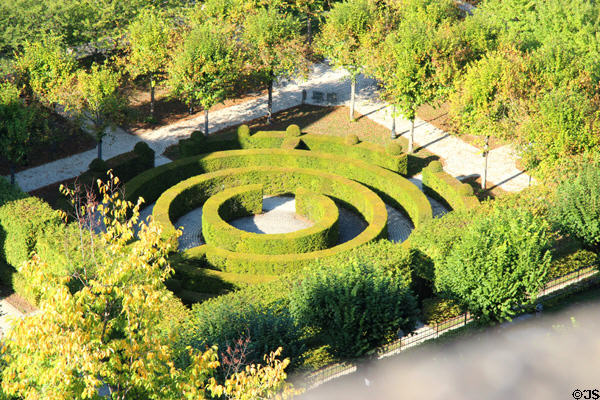 Garden area with maze-like sculpted hedges. Luxembourg, Luxembourg.
