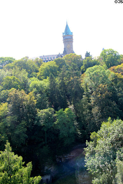 Clock tower above the city. Luxembourg, Luxembourg.