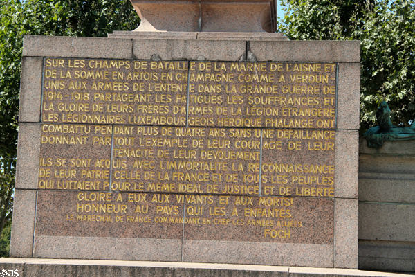Inscription by Marshall Foch, WWI Commander of Allied Armies, recognizing courage & contributions of Luxembourg soldiers throughout WWI. Luxembourg, Luxembourg.