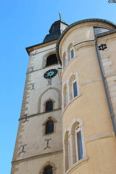 Detail of tower & turret of St Michael's Church in Fishmarket area of old town. Luxembourg, Luxembourg.