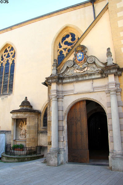 Entrance to St Michael's Church in Fishmarket area of old town. Luxembourg, Luxembourg.
