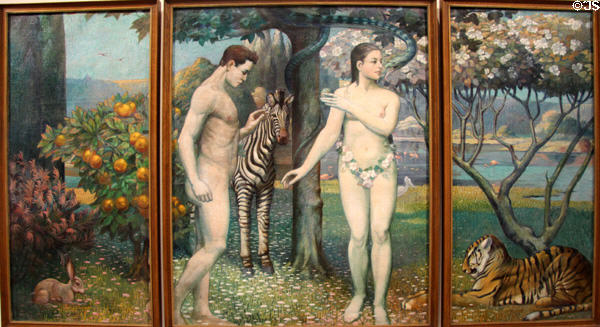 Triptych of Adam & Eve painting (1935) by Corneille Lentz at Villa Vauban Museum. Luxembourg, Luxembourg.
