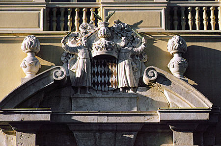 Royal coat of arms above Monaco Palace door. Monaco.