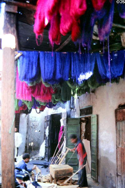Wool hanging in dyer's souk. Marrakesh, Morocco.