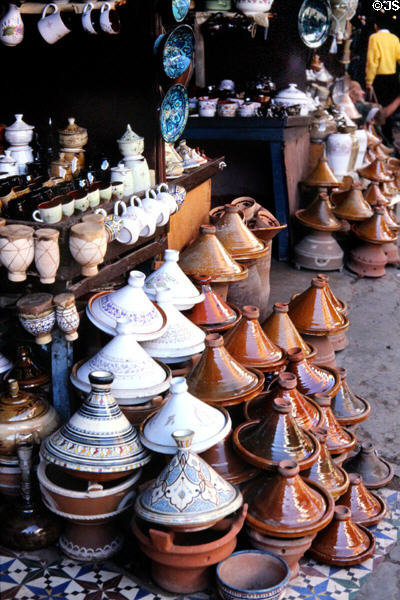 Clay tagine pots for steaming Moroccan meals in shop. Marrakesh, Morocco.