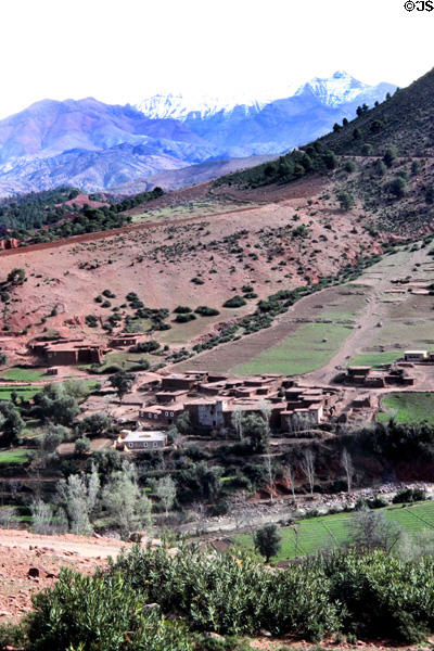 Village in foothills of Atlas mountains seen from road between Marrakesh & Tizi-n-Tichka. Morocco.