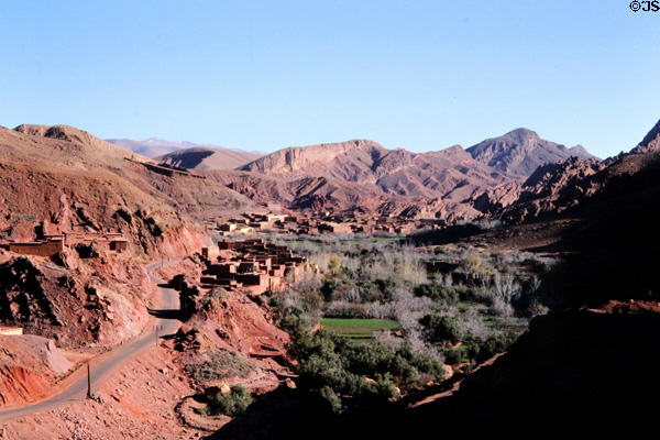 Green oasis in Gorges du Dadès ringed by barren hills. Morocco.