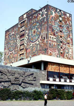 Mosaic on Central Library building at University in Mexico City. Mexico City, Mexico.